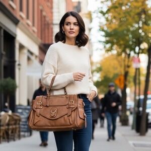 Vintage Style Tan Faux Leather Satchel Bag Plaid Lining Handle Shoulder Strap